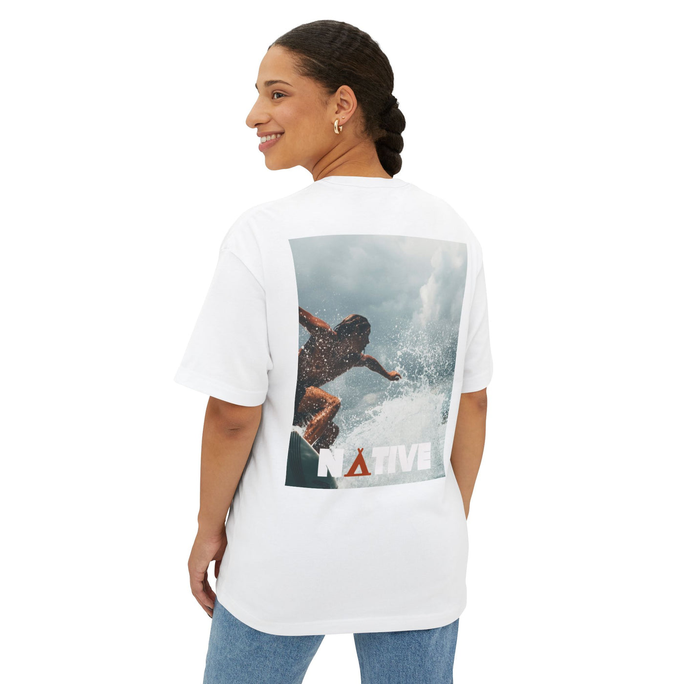 Surf Photo Boxy Tee — "NATIVE" Logo Graphic